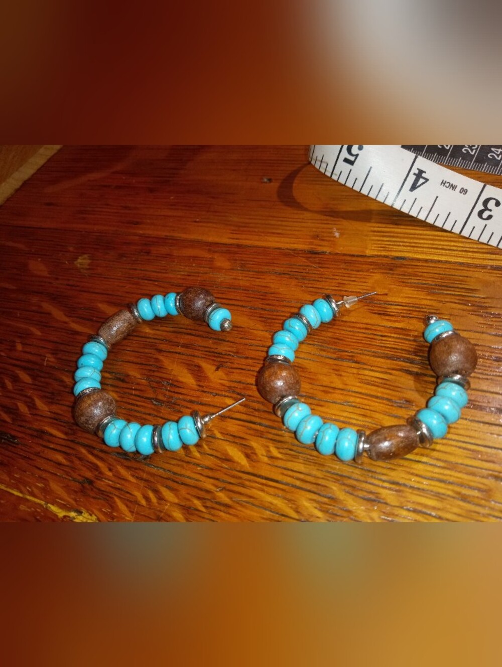 Turquoise Beaded Hoop Earrings with Wood Accents